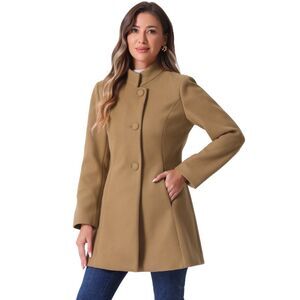 Winter Overcoat Mid-thigh Stand Collar Single Breasted Long Coat Camel